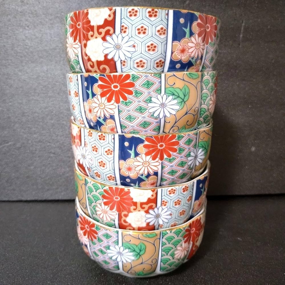 Amazon.co.jp: 有田焼 陶扇 中鉢5点セット 5枚 菊割皿 錦絵 赤絵